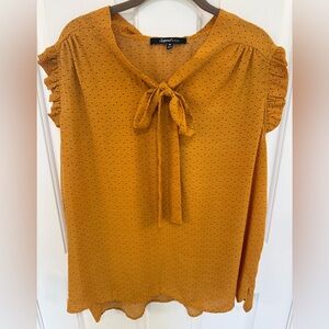 Sweet Rain Mustard Tie-Neck Ruffle Sleeve Blouse